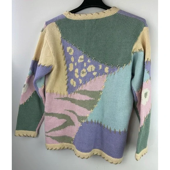 Storybook Knits Patchwork Spring Themed Cardigan Sweater Ramie Cotton Size Large - Picture 5 of 16